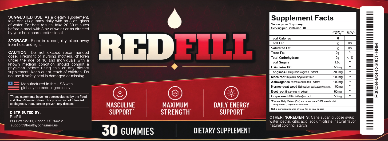 RedFill Gummies label with Supplement Facts, suggested use and storage